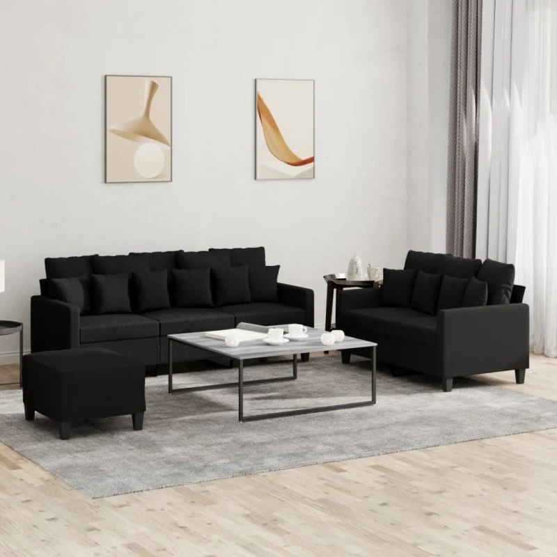 Sofasæt 3 dele i sort stof med hynder