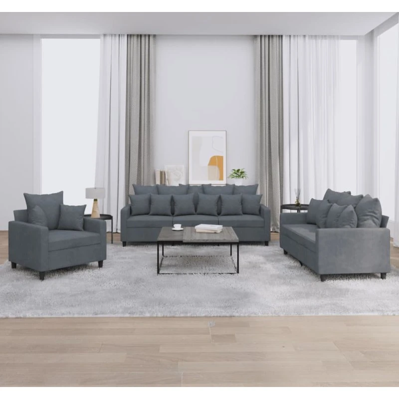 Sofasæt 3 dele i velour mørkegrå med hynder