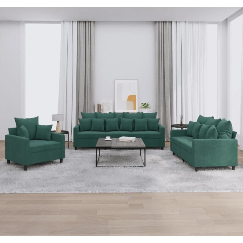 Sofasæt 3 dele i mørkegrøn velour med hynder