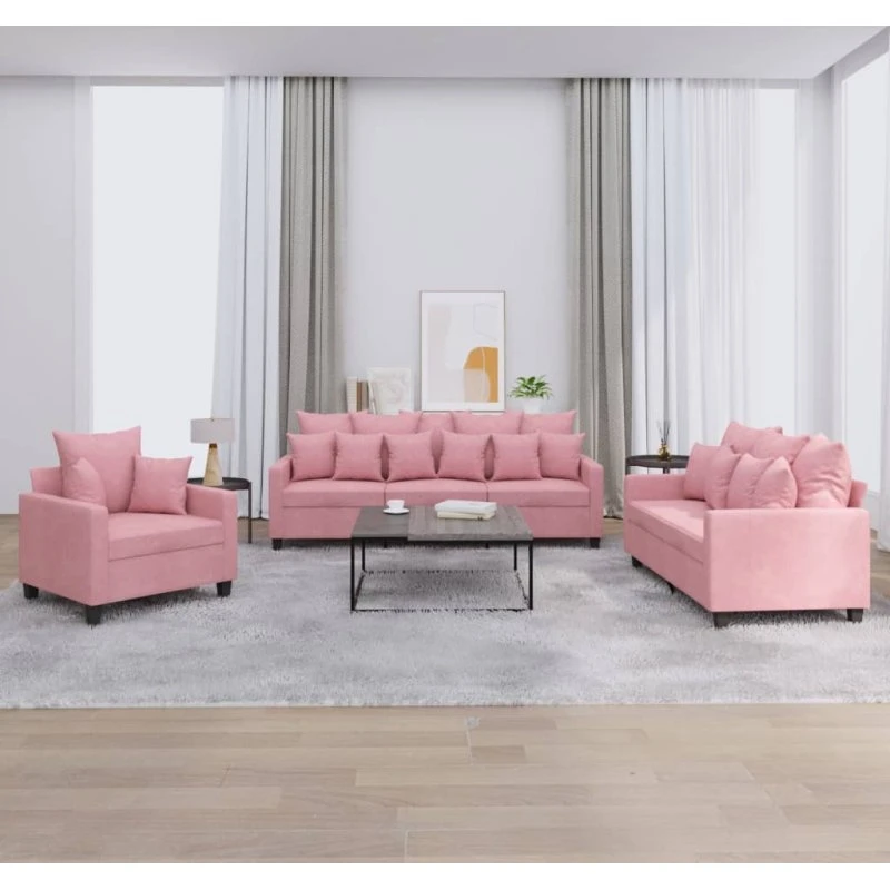 Sofasæt 3 dele i lyserød velour med hynder