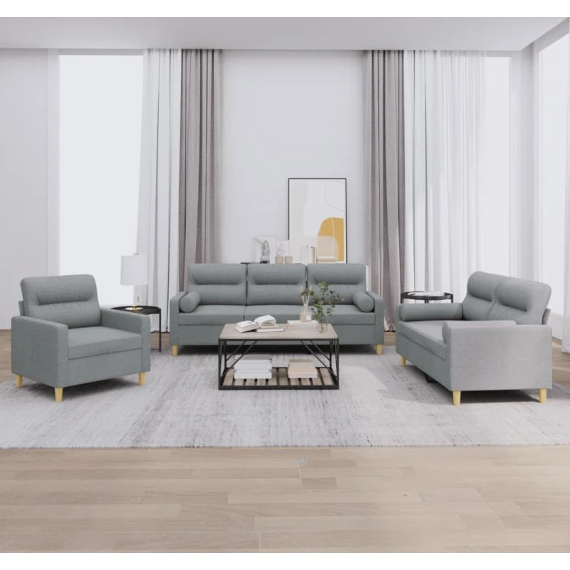 Sofasæt 3 dele i lysegråt stof med puder