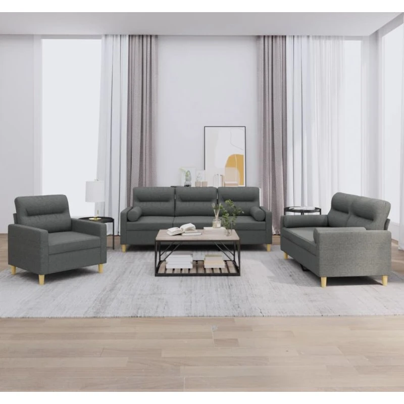 Sofasæt 3 dele i mørkegrå stof med puder