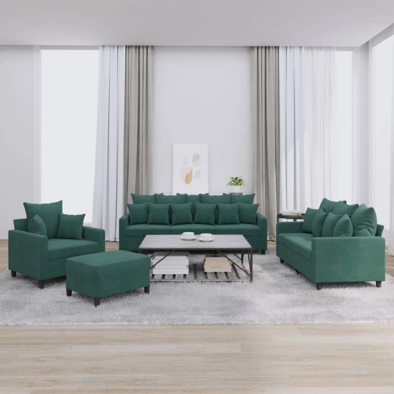 Sofasæt 4 dele med hynder i mørkegrøn velour