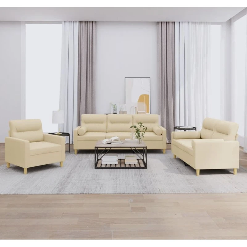 Sofasæt 3-dele i creme stof med puder