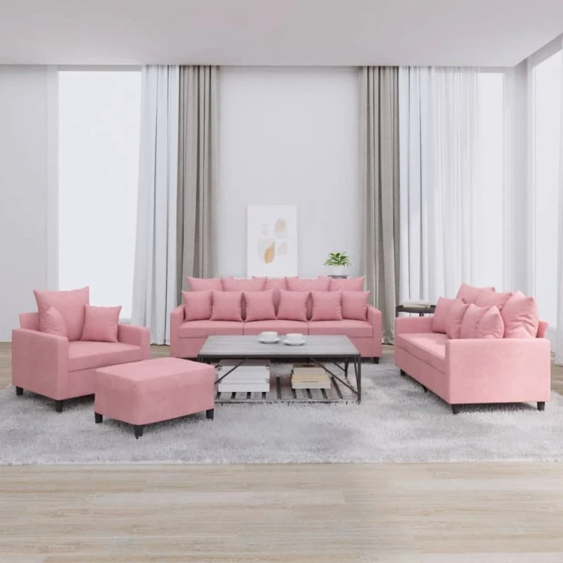 Sofasæt 4 dele i lyserød velour med hynder