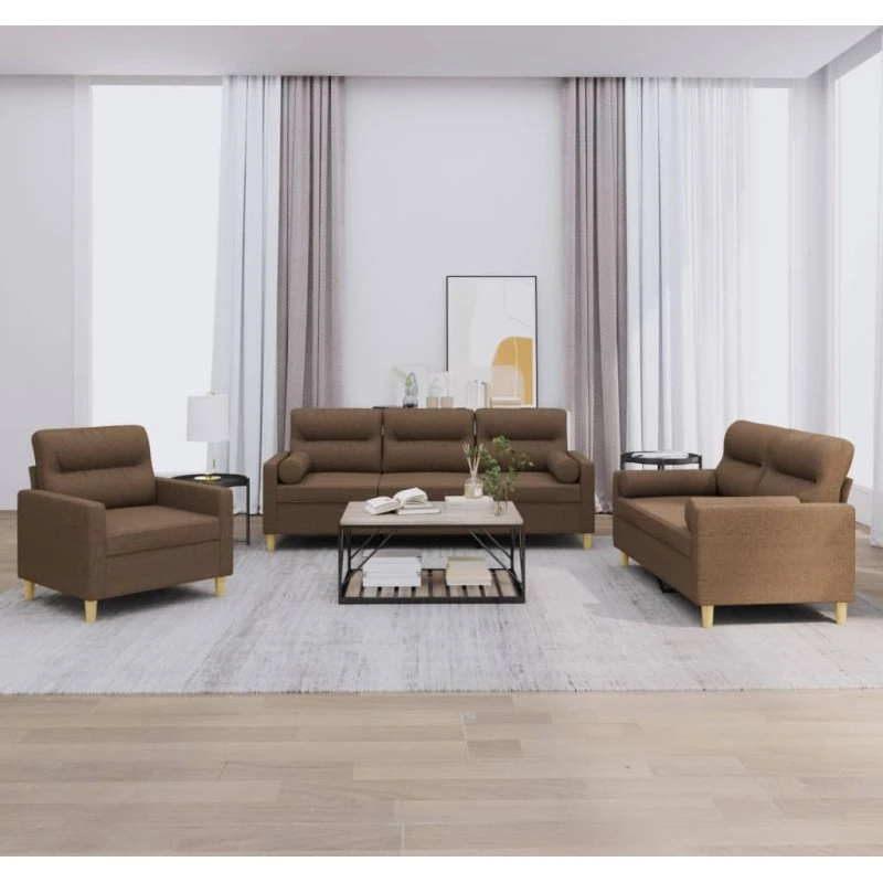 Sofasæt 3-dele i brunt stof med puder