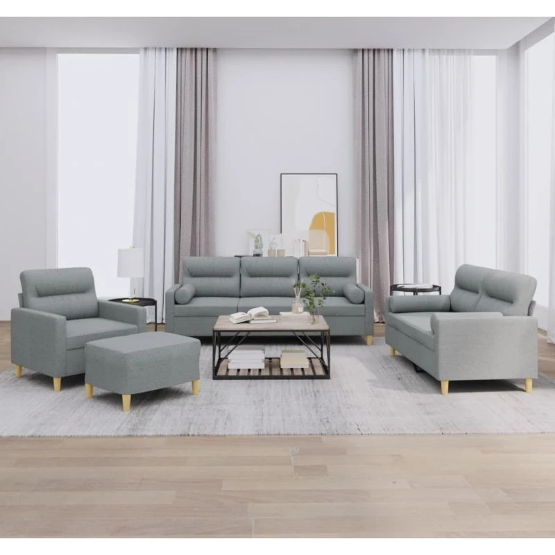 Sofasæt 4 dele med puder - lysegrå stof