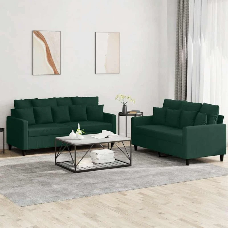 Sofasæt 2 dele i velour mørkegrøn med hynder