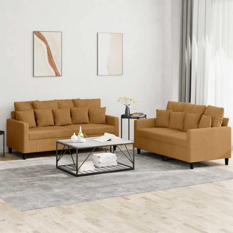 Sofasæt 2 dele i brun velour med hynder