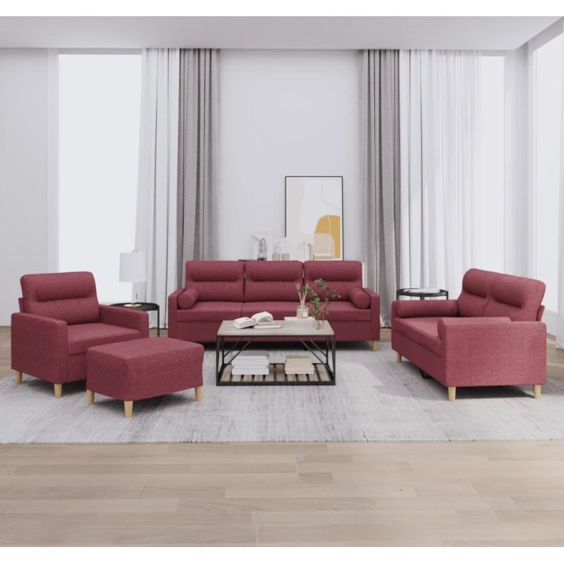 Sofasæt 4 dele i vinrødt stof med puder
