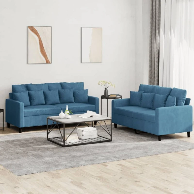 2-personers sofasæt i blå velour med hynder