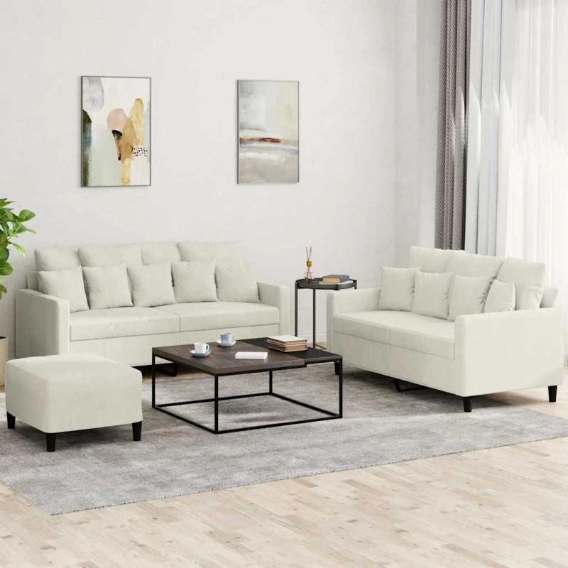 Sofasæt 3 dele i creme velour med hynder
