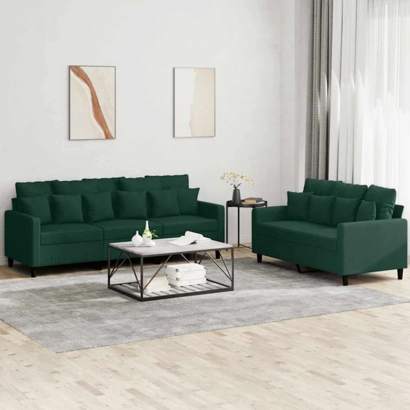 Sofasæt 2 dele i mørkegrøn velour med hynder