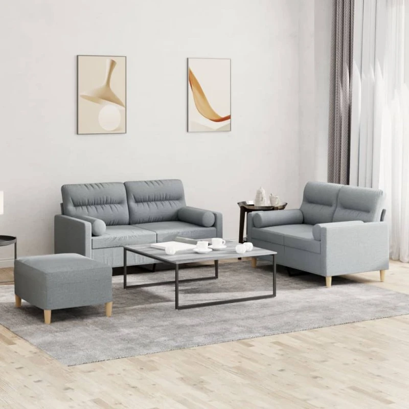3-dele sofasæt med puder – lysegrå stof