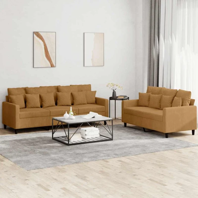 Sofasæt 2 dele i brun velour med hynder