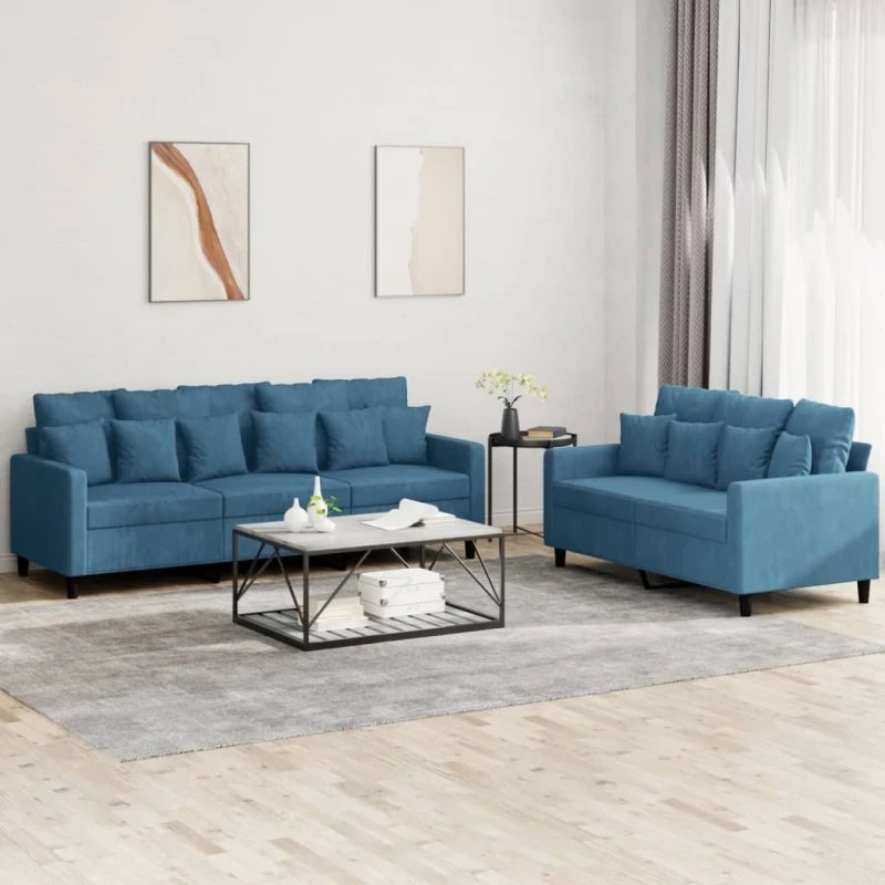 Sofasæt 2 dele i blå velour med hynder