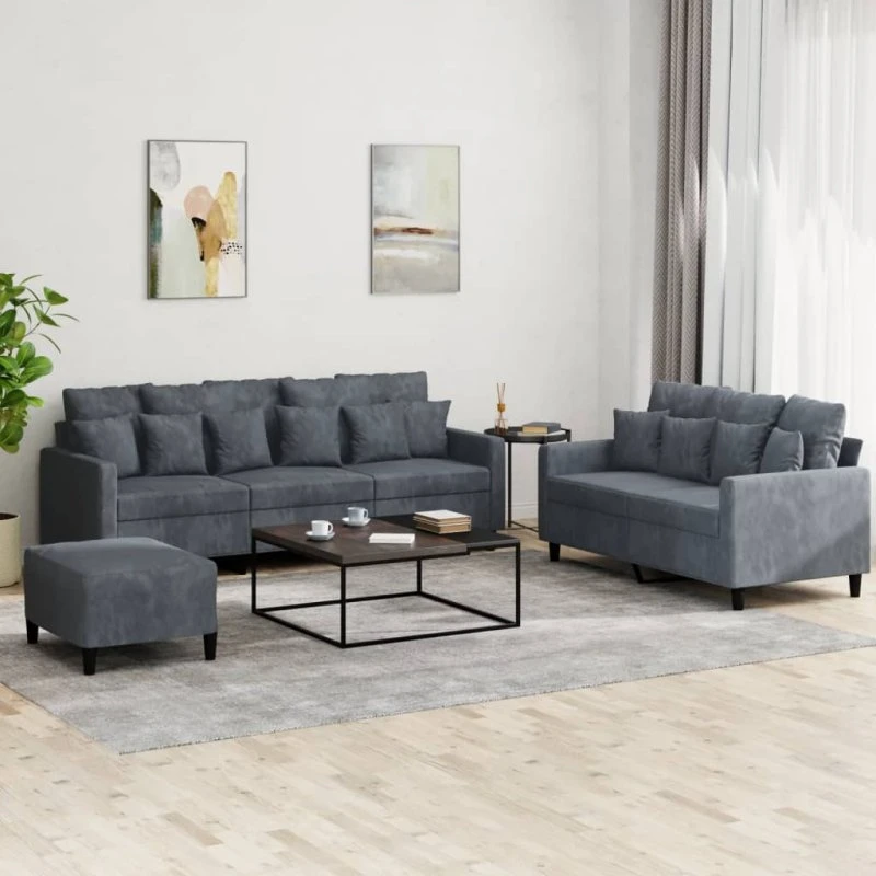 Sofasæt 3 dele i mørkegrå velour med hynder