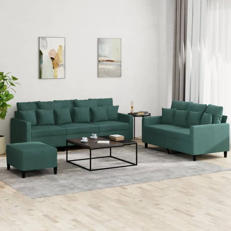 3-personers sofasæt i mørkegrøn velour med hynder
