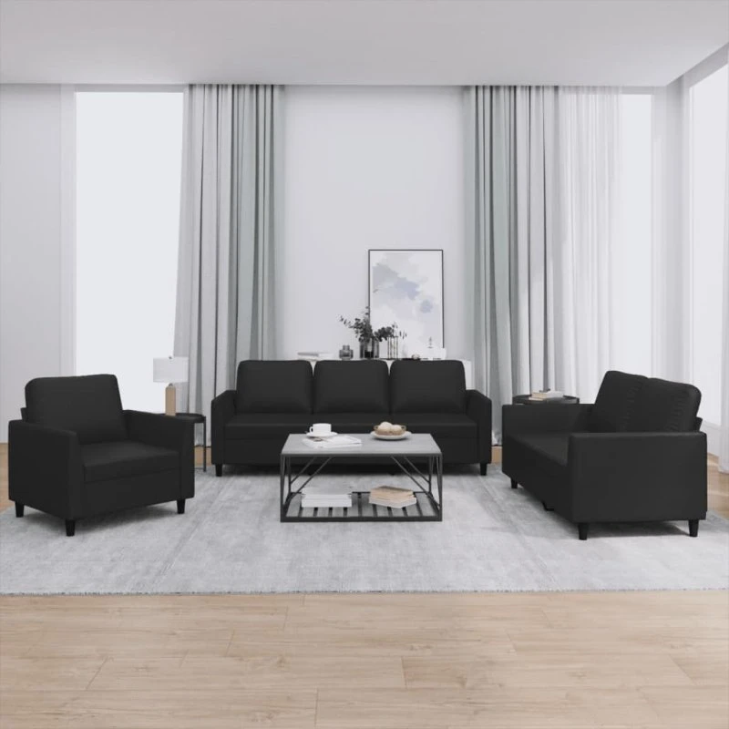 Sofasæt 3 dele i sort kunstlæder med hynder