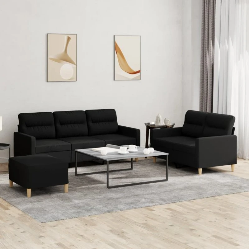 Sofasæt 3 dele med hynder i sort stof