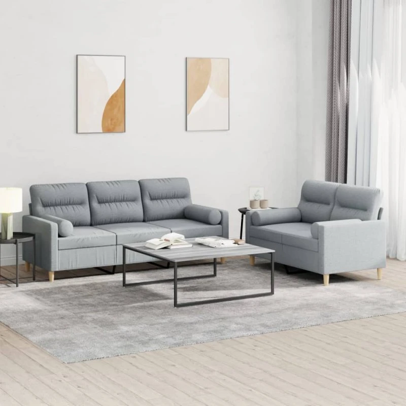 Sofasæt 2 dele i lysegrå stof med puder