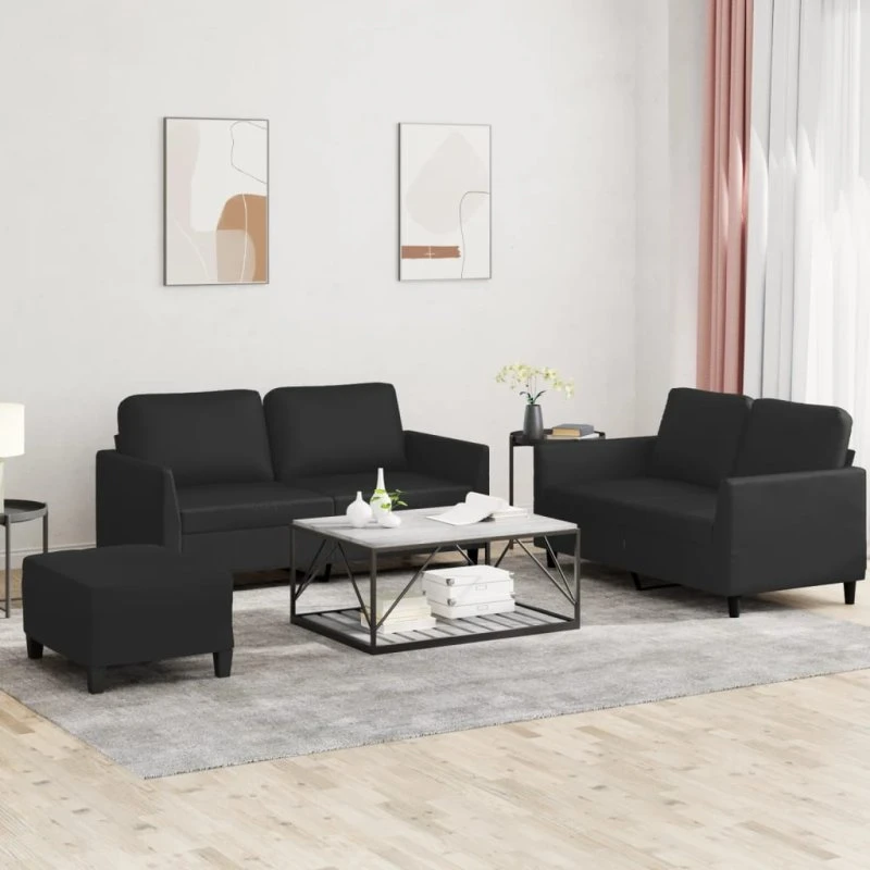 Sofasæt 3 dele i sort kunstlæder med hynder