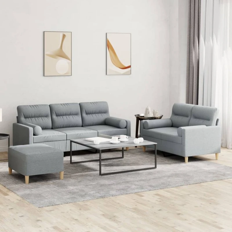 Sofasæt 3-dele i lysegrå stof med puder