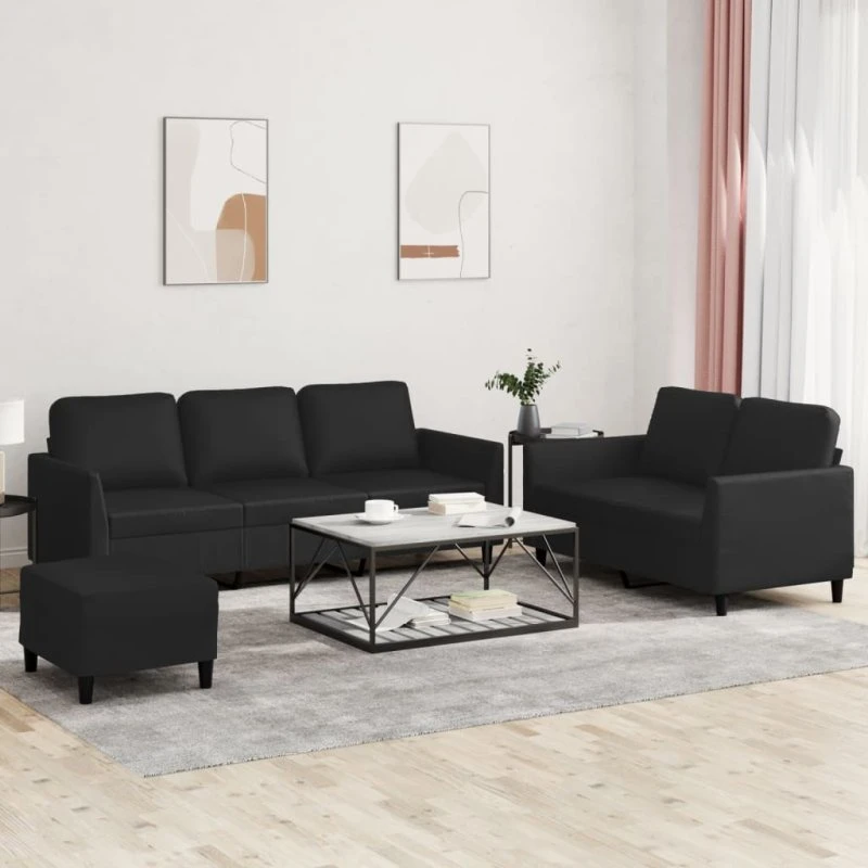 Sofasæt 3 dele i sort kunstlæder med hynder