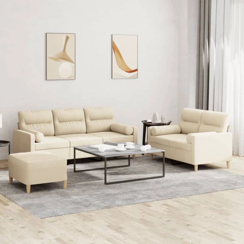 Sofasæt 3 dele i creme stof – komfort og holdbarhed