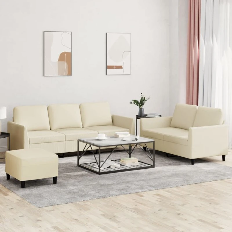 Sofasæt 3 dele i creme kunstlæder med hynder