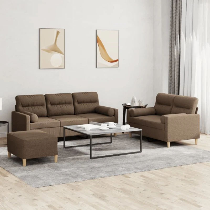 Sofasæt 3 dele i brunt stof med puder
