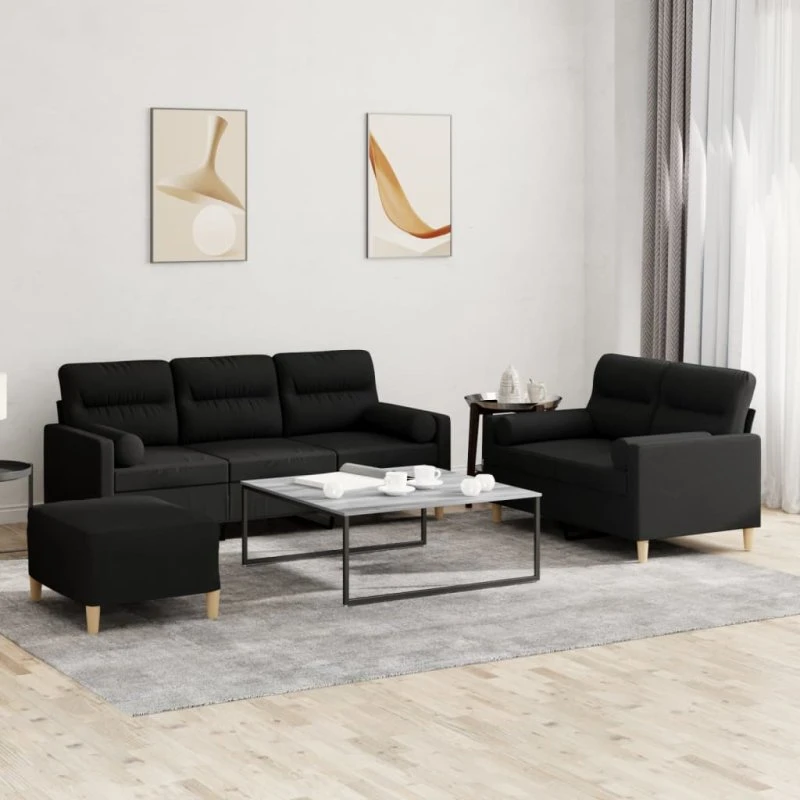 Sofasæt 3-dele med puder, stof - Sort