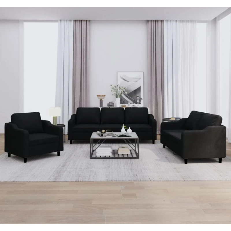 Sofasæt 3 dele med hynder, stof sort (3-person)