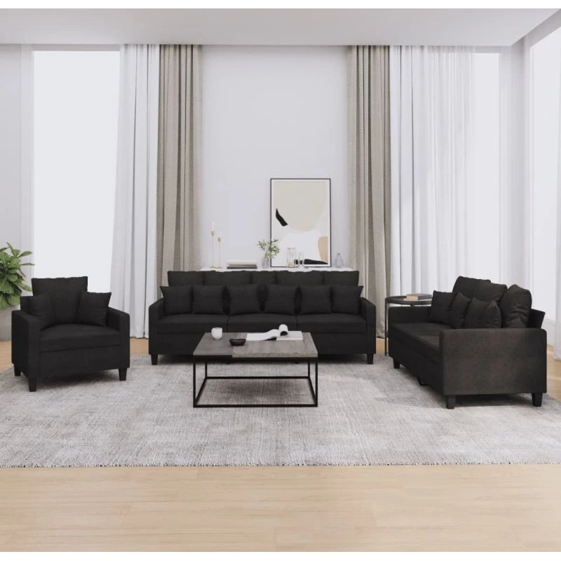 Sofasæt 3 dele i sort stof med puder
