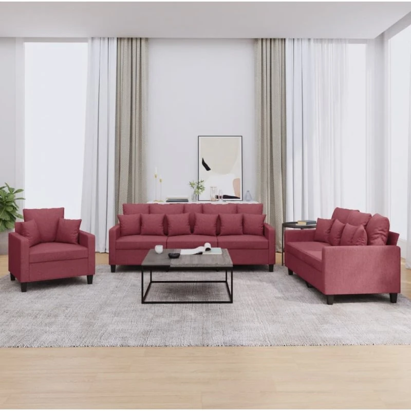 Sofasæt 3 dele i vinrødt stof med puder
