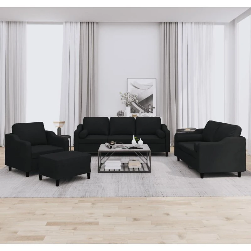 Sofasæt 4 dele i sort stof med puder