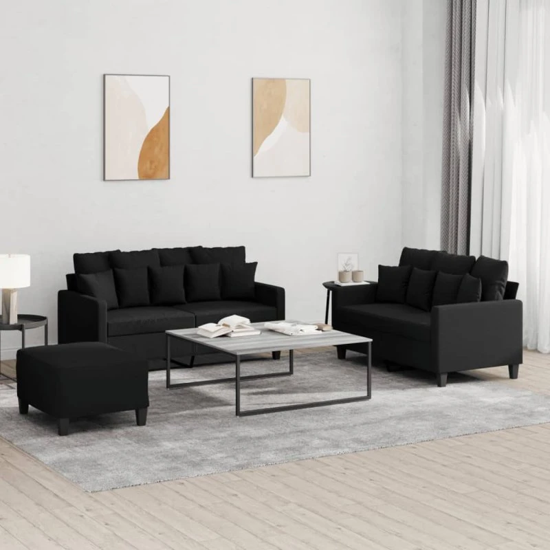 Sofasæt 3 dele med hynder i sort stof