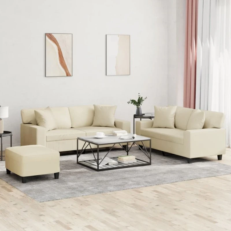 Sofasæt 3 dele i kunstlæder creme m. puder