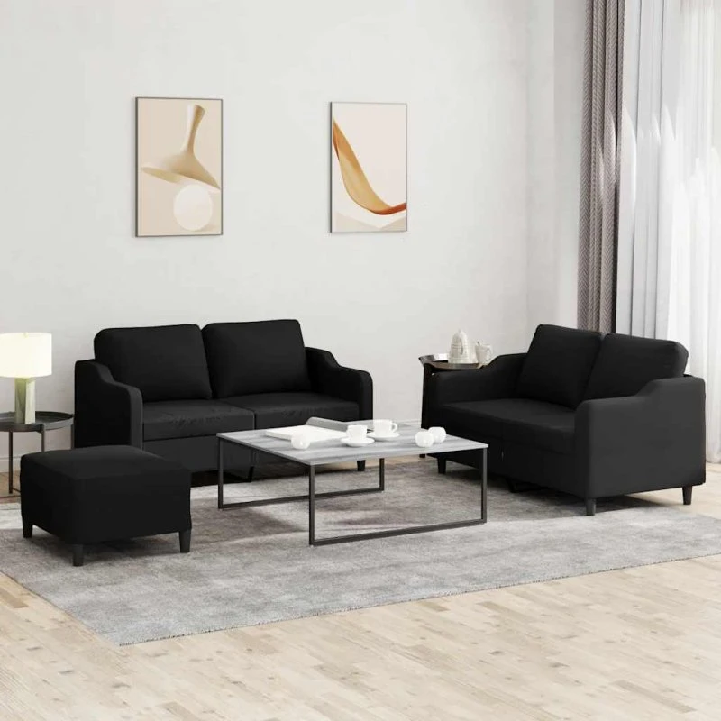 3-dele sofasæt med hynder i sort stof
