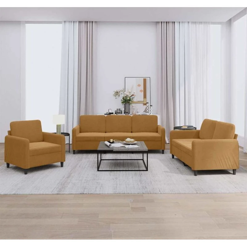 Sofasæt 3 dele i brun velour – komfort og robust stel