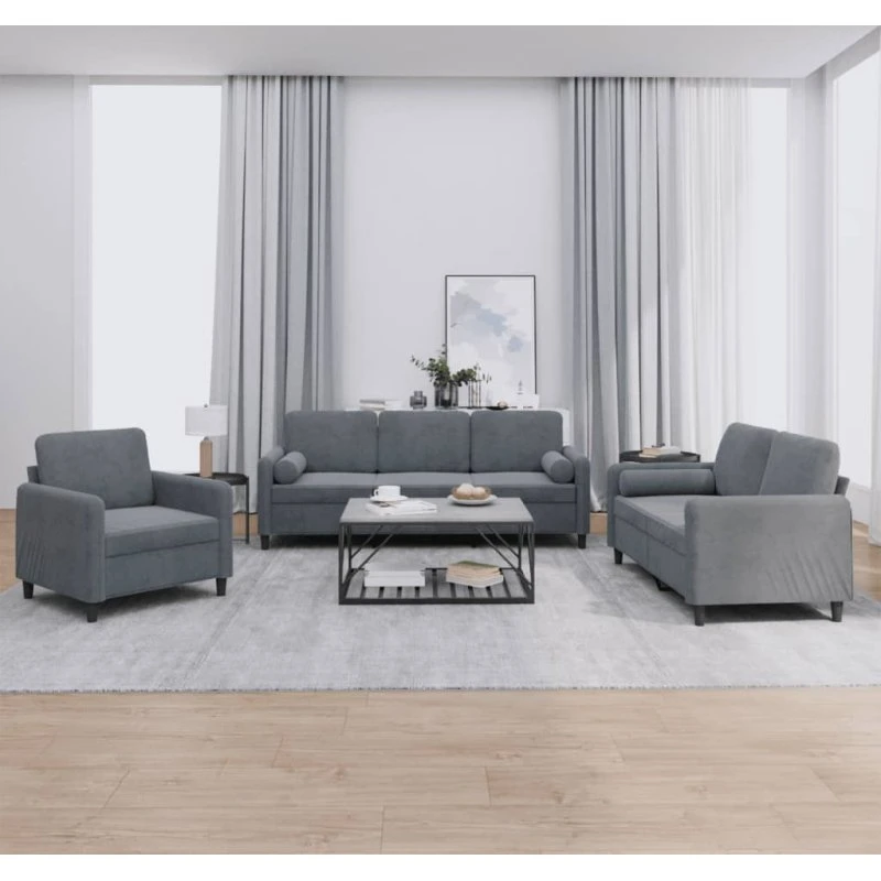 3-delers sofasæt i mørkegrå velour med puder