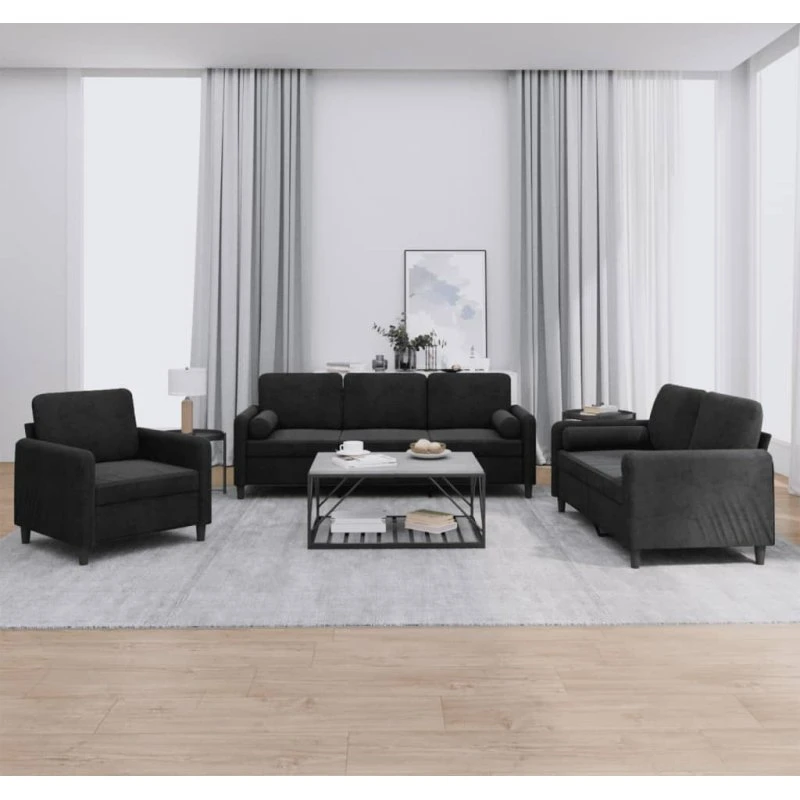3-personers sofasæt i sort velour med puder