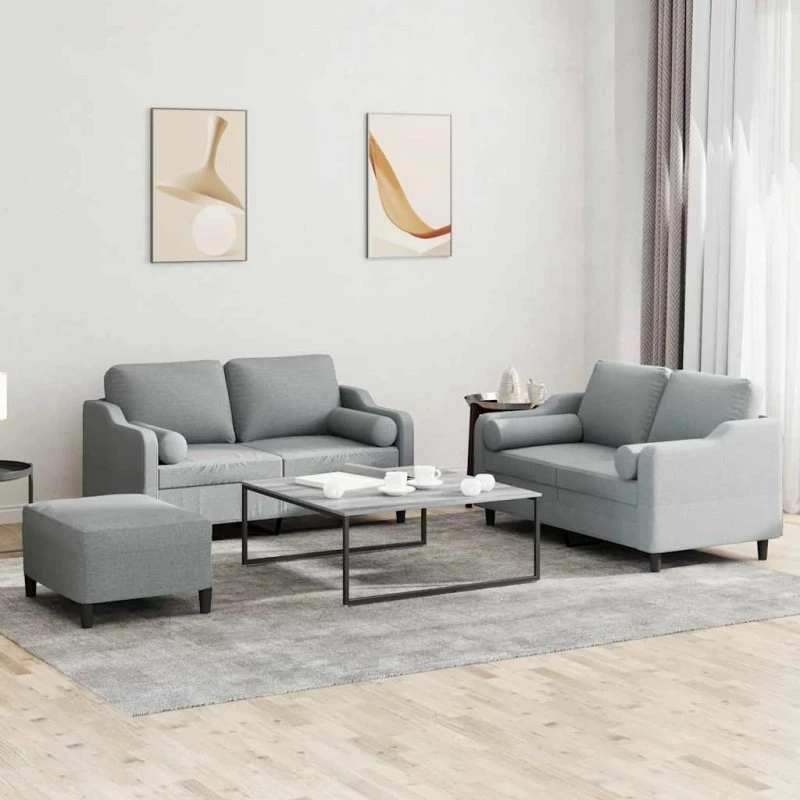 Sofasæt 3 dele i lysegråt stof med puder