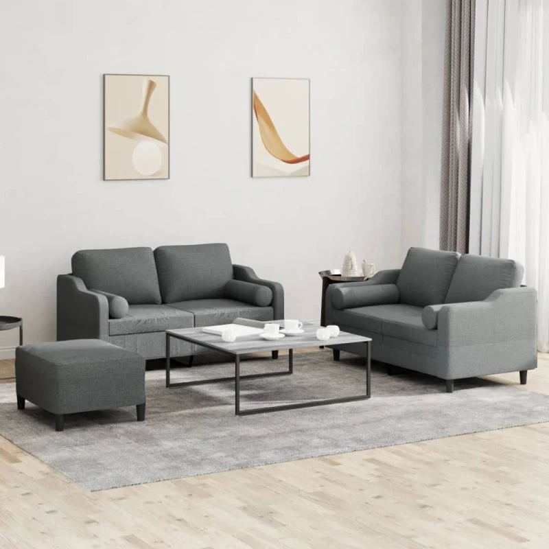 Sofasæt 3 dele med puder i mørkegrå stof