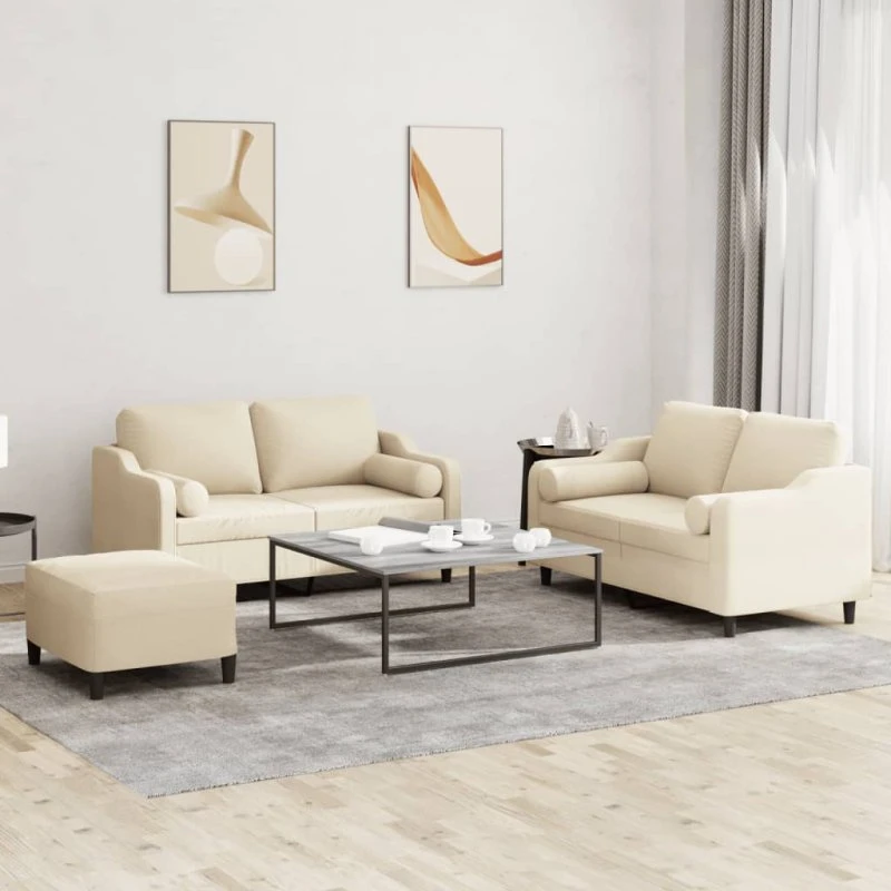 3-dele sofasæt i creme stof med puder