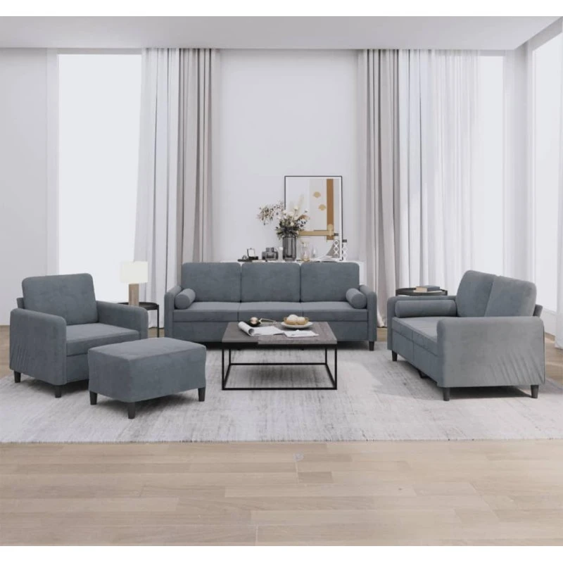 Sofasæt 4 dele i mørkegrå velour med puder