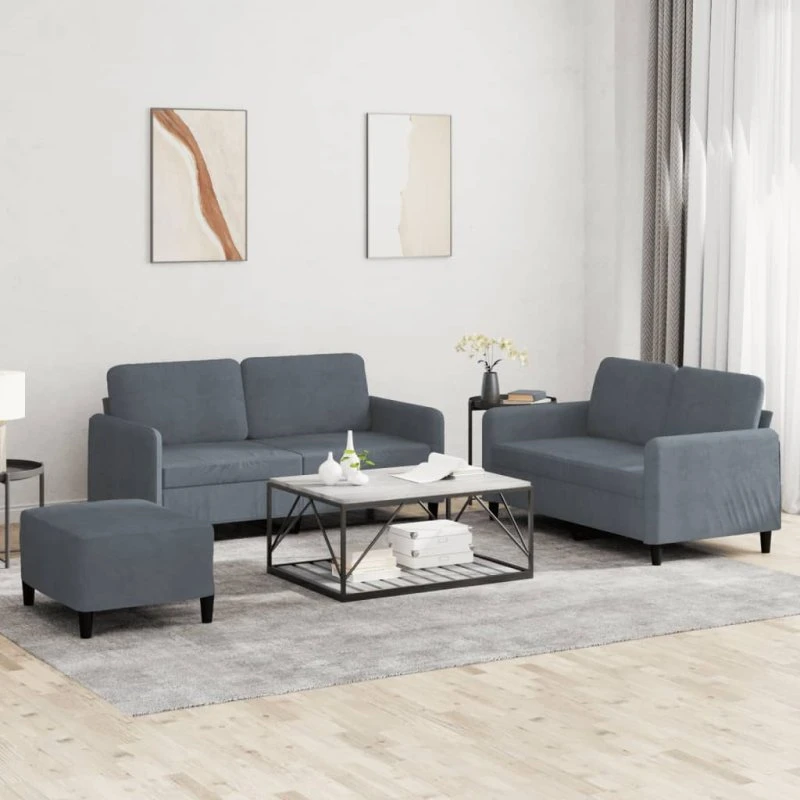 3-dele sofasæt i mørkegrå velour