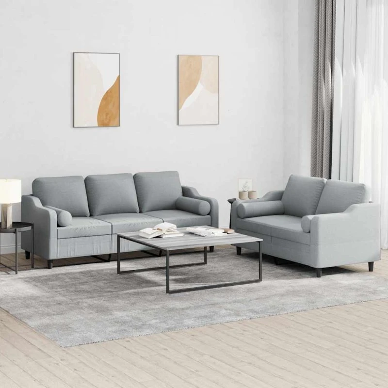 Sofasæt 2 dele i lysegråt stof med puder