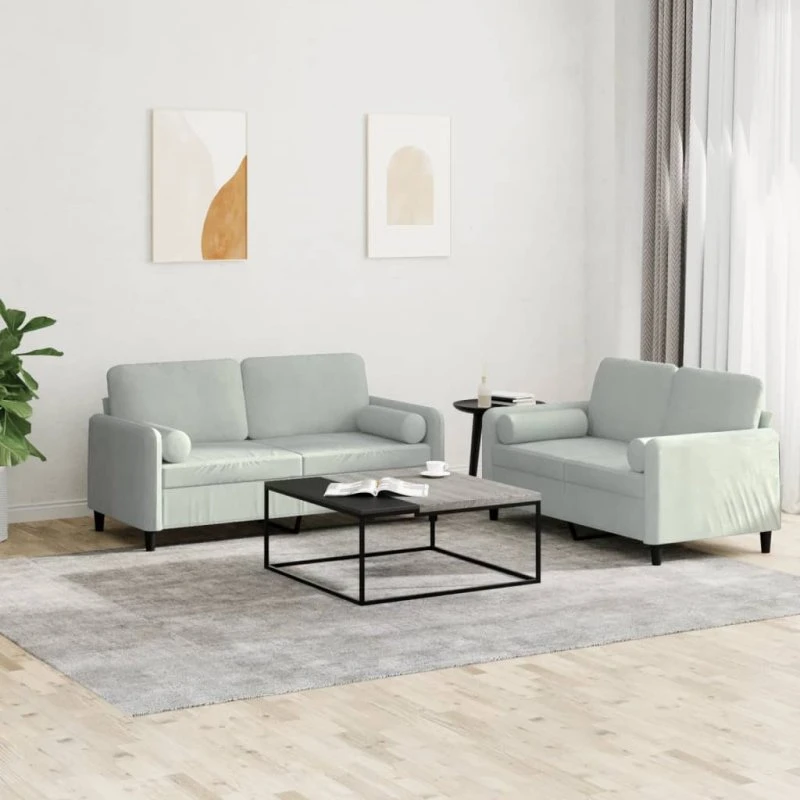 Velour sofasæt 2-dele med puder, lysegrå