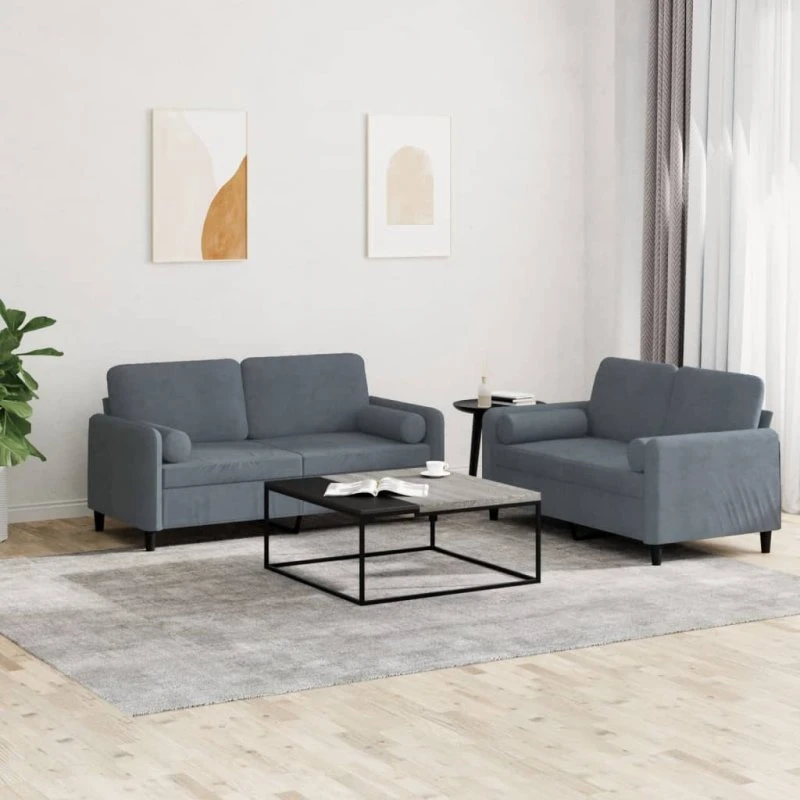 Sofasæt 2 dele i mørkegrå velour med puder
